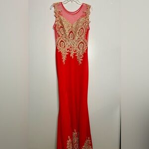 Elegant Red and Gold Evening Gown